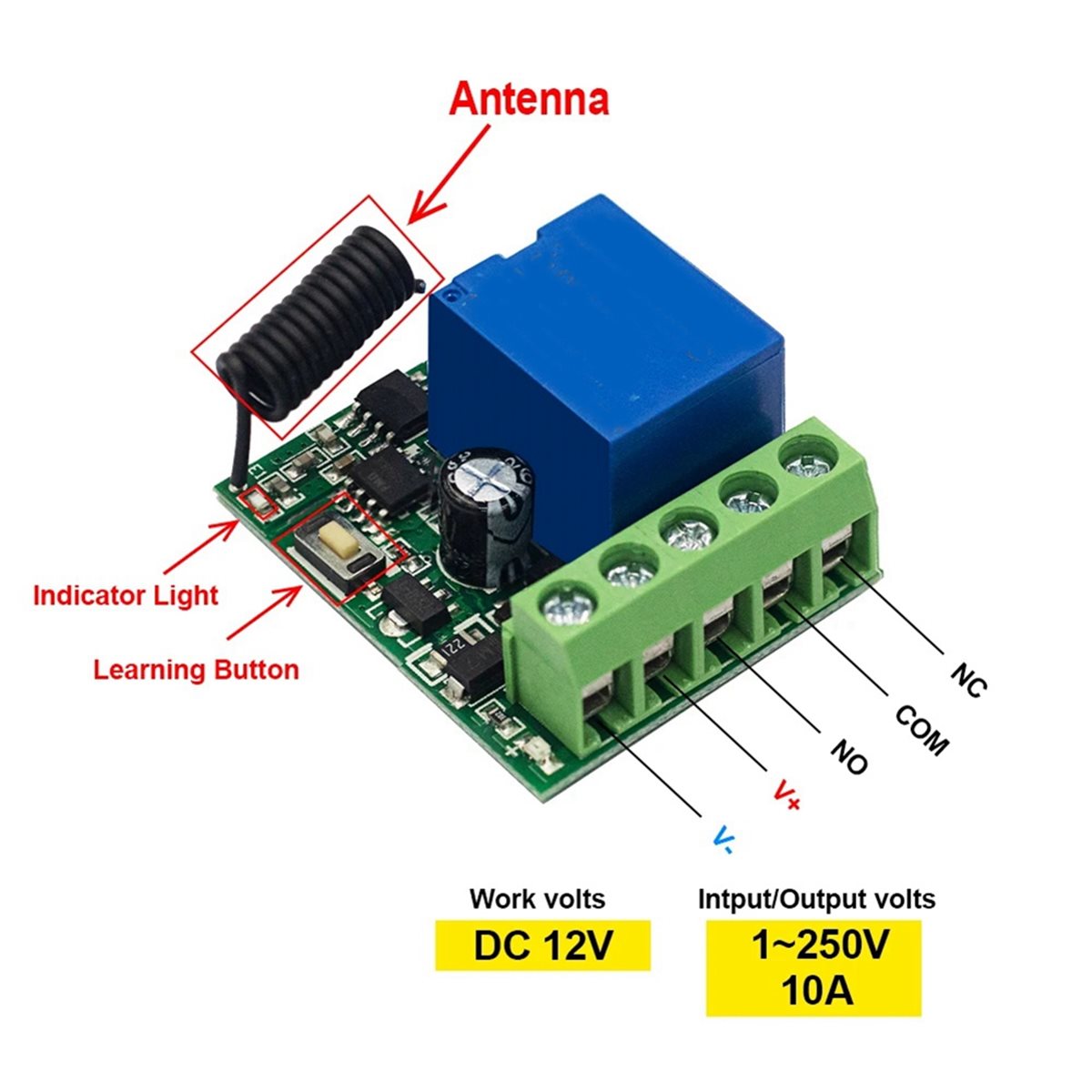 433Mhz Receiver Module - Draadloze afstandsbedieningsschakelaar A72Z 433MHz DC 12V